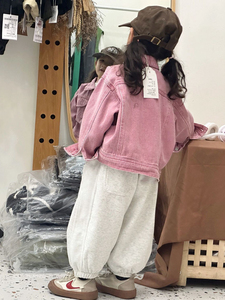 女童网红套装2024春秋新款韩版洋气粉色牛仔外套哈伦裤儿童两件套