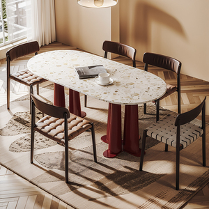 水磨石餐桌椅法式轻奢高级感家用创意实木现代简约大理石高档餐台