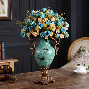 创意欧式花瓶摆件美式客厅奢华树脂装饰品复古仿真干花大号插花器