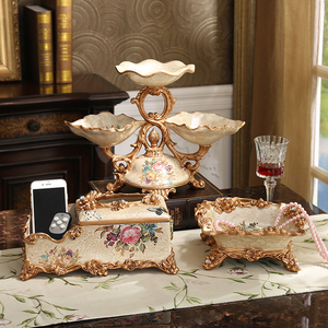 欧式创意分层干果盘三件套奢华套装家居装饰品花瓶纸巾盒烟缸摆件