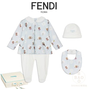 Fendi婴儿服新生儿童装蓝色小熊长袖包脚连体衣礼盒三件 意大利制