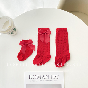 红色婴儿袜子镂空透气网防蚊袜儿童女婴幼儿高筒过膝长袜短袜夏季