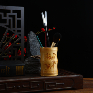天然竹木笔筒多功能复古圆形笔桶中国风办公室文房四宝摆件收纳盒
