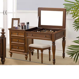 美式翻盖梳妆台卧室化妆收纳柜书桌一体小户型多功能实木弹簧妆镜