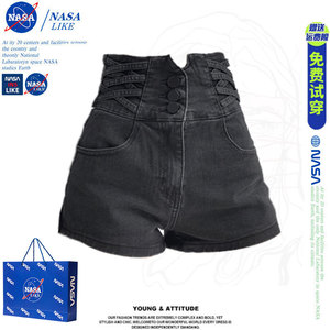NASA黑色单排扣高腰牛仔短裤女夏季设计感显高a字短裤辣妹热裤子