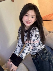 韩国童装女童长袖T恤2024春季新款儿童中大韩版修身卡通打底衫