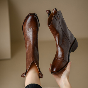 轻奢复古！做旧棕色短靴女秋冬季新款气质高级感粗跟西部靴中筒靴
