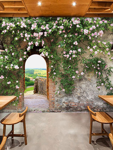 3D欧式风景蔷薇植物背景墙纸水吧餐吧壁纸奶茶店餐厅绿植装饰墙布