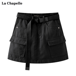 拉夏贝尔/La Chapelle腰带款牛仔短裙女口袋小众百搭工装半身裙夏