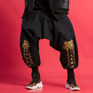 中国风个性刺绣低裆跨裤民族中式大码灯笼裤国潮嘻哈宽松街舞裤子
