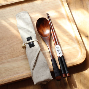 自然主义素色创意便携式木勺筷套装Zakka风格便携餐具布袋原创