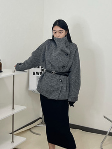 灰色立领双面羊绒大衣女短款2023新款设计感高端羊毛呢子外套短款