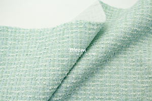 精致小香风 浅绿色+天蓝色立体剪花编织粗纺粗花呢布料 套装面料