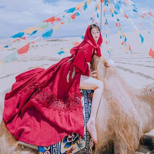 旅游拍照红色连衣裙复古民族风云南泰国西藏度假裙敦煌沙漠长裙子