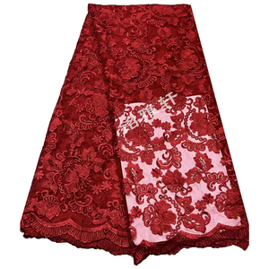 高端重工网纱绣花水溶蕾丝布料手工大红色连衣裙旗袍礼服面料布匹