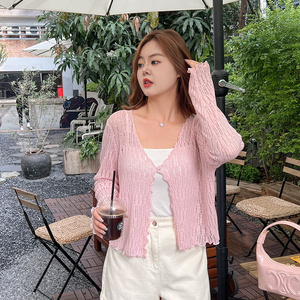特大码300斤粉色V领镂空针织开衫女夏季薄款韩系修身显瘦减龄上衣
