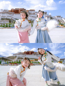 儿童藏族演出服装西藏旅拍影楼少数民族风女童双人粉色藏袍新款