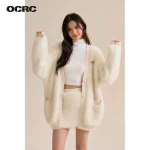 OCRC Official 韩系甜美毛绒白色毛衣外套女辣妹纯色半身裙套装