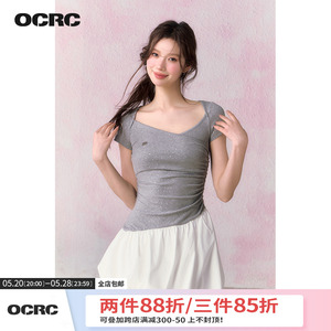 OCRC Official设计感波点烫银方领短袖上衣辣妹显瘦花苞连衣裙女