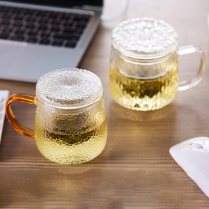 璃说高硼硅玻璃杯家用过滤透明泡茶杯带把花茶杯子耐热锤纹三件杯