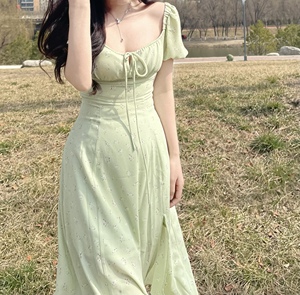 泡泡袖欧美复古修身显瘦浅绿仙女雪纺法式方领短袖裹胸长裙连衣裙