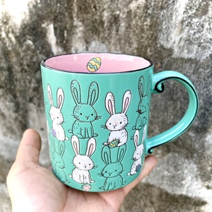 绿色好多小兔子大容量陶瓷马克杯浮雕手绘可爱少女办公喝茶水杯子