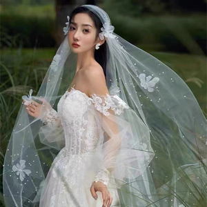 新款韩式新娘主婚纱头纱头饰超仙森系结婚帽式花瓣珍珠拍照道具白