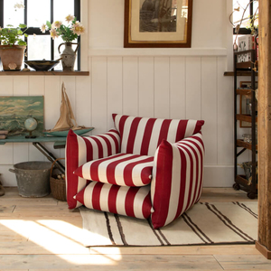美式蓝白条纹单人沙发红色麻布小户型客厅扶手椅斑马纹泡芙沙发