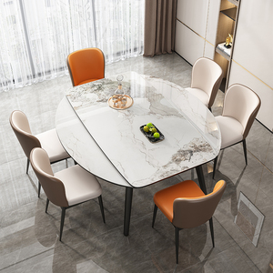 岩板实木伸缩餐桌椅组合轻奢现代简约家用小户型圆饭桌子2024新款