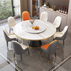 岩板餐桌椅家用大理石大圆桌实木现代简约圆形饭桌2024新款带转盘