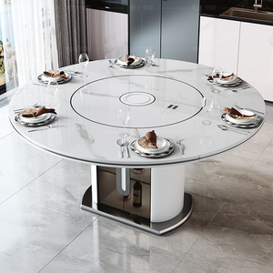 2024新款岩板圆形餐桌多功能可伸缩餐桌带电磁炉暖菜转盘家用餐桌