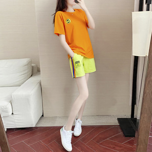 短袖运动套装女夏季2023年休闲韩版宽松时尚橙色体恤短裤两件套潮