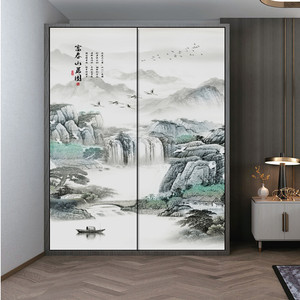 中式推拉门定做中国风彩绘移动门衣柜门定制水墨山水衣橱门壁柜门