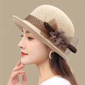 针织盆帽女式夏季薄款透气花朵中老年妈妈渔夫帽小檐卷边太阳帽子