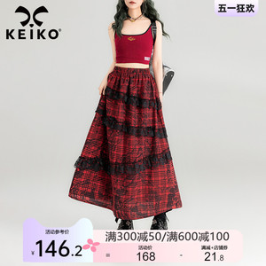 KEIKO 蕾丝花边饰红色格子半身裙2024春夏复古显高遮跨A字长裙子