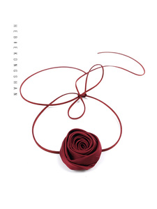KONGSHAN 复古酒红色颈花项链设计感玫瑰花性感颈链choker