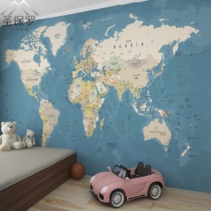 欧式中英文世界地图墙纸卧室创意书房墙布无缝复古蓝色壁纸壁布