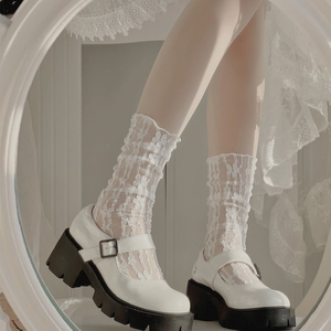 玛丽珍甜美白色堆堆袜蕾丝花朵小腿冰冰袜子女短中筒夏季超薄款潮