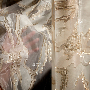 贝加尔湖 原创箔金纱不规则提花肌理透视面料创意礼服装设计布料