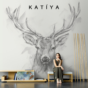 Katiya北欧简约手绘麋鹿鹿头壁画客厅沙发电视背景墙墙布卧室壁纸