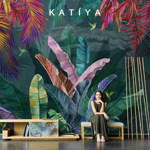 katiya北欧手绘植物芭蕉叶壁纸鹦鹉壁画电视背景墙棕榈叶墙布网红