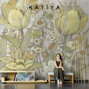 Katiya美式手绘植物田园花卉墙画客厅电视背景墙壁纸全屋无缝壁布