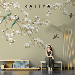 Katiya新中式花鸟墙布客厅电视背景墙装饰定制壁画复古手绘壁纸3d