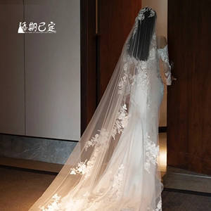头纱新娘主婚纱高级感头饰复古花朵长款拖尾结婚婚礼奢华超仙盖头