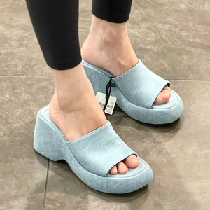 ZA2023夏季新款女鞋蓝色牛仔坡跟凉鞋增高一字带松糕厚底外穿拖鞋