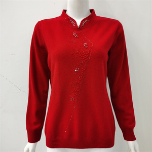 14年老店冬款红色旗袍领100羊毛衣女装妈妈民族风上衣中式华服