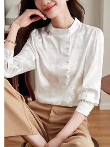 香港TIMO缎面雪纺衫女新中式国风配马面裙的加绒衬衣白色立领上衣