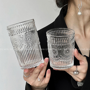 ins风太阳花水杯高颜值复古浮雕玻璃杯冰美式咖啡杯家用冷饮杯子