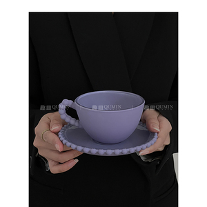 Qumin 小众设计磨砂质感珍珠手柄玻璃咖啡杯碟复古轻奢下午茶餐具