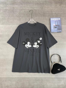 美式米老鼠字母印花短袖T恤女2024夏季新款卡通米奇灰色纯棉上衣